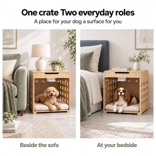 Modern Dog Kennel Furniture Wooden Crate with Charging Station End Table, view 7