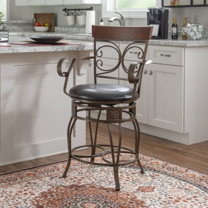 Powell Dayne Big and Tall 24 Seat Height Counterstool with Arms in Dark Bronze Metal with Dark Brown Faux Leather Padded Seat with 360 Swivel