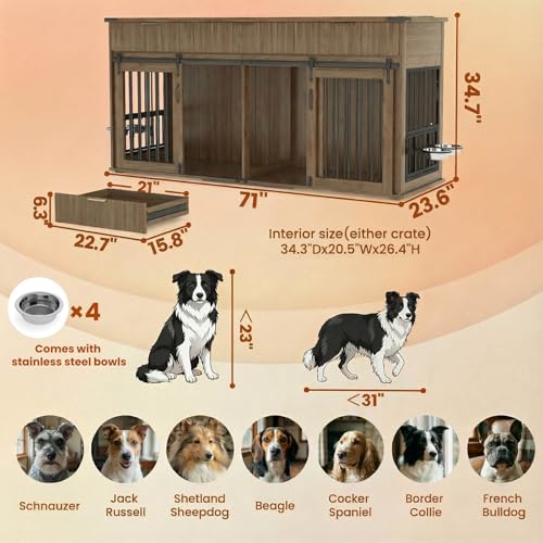71'' Double Dog Crate Furniture, XXL Dog Kennel TV Stand,Walnut, view 3