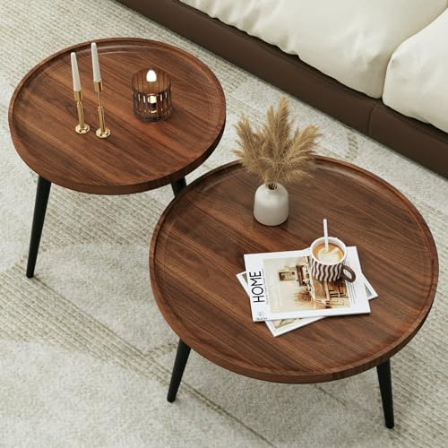 2 Pcs Small Modern Coffee Table Round,Mid Century Walnut Nesting Tables, view 2