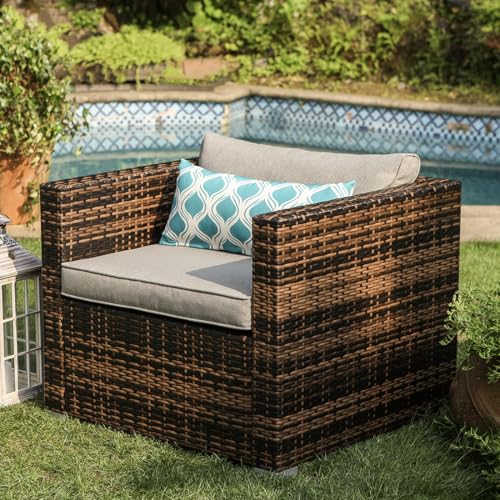 All-Weather Patio Chair, Single Brown Wicker Chair with Thick Gray Cushions & Teal Pillow, Outdoor Rocking Chair for Porch, Garden, Poolside