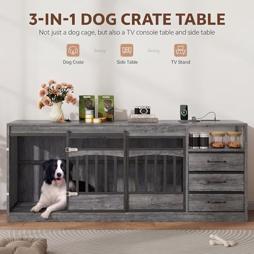 Dog Crate for 2 Large Dogs, Double Dog Crate Furniture 68.9" Grey, view 6