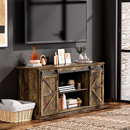 ZPK Farmhouse TV Stand for 65 Inch TV, Modern Television Stands Mid Century Media Entertainment Center with Sliding Barn Doors and Storage Cabinets, Console Table for Living Room, Bedroom (Rustic Oak)