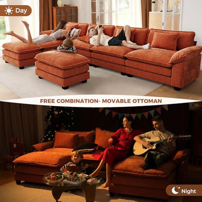 120" Modular Sectional Sofa, Comfy L-Shaped Cloud Couch with Movable Ottomans, Oversized 4-Seater Chenille Deep Seat Sofa Couch for Living Room, DIY Combination, Terracotta Orange