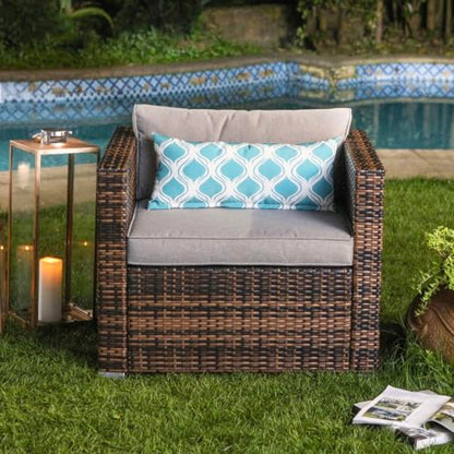 All-Weather Patio Chair, Single Brown Wicker Chair with Thick Gray Cushions & Teal Pillow, Outdoor Rocking Chair for Porch, Garden, Poolside