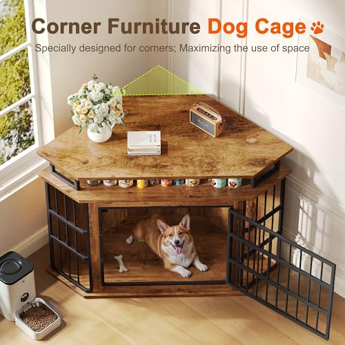 51" Corner Dog Crate Furniture Large Wooden Dog Kennel Indoor Dog House, view 3