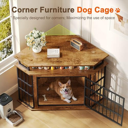 51" Corner Dog Crate Furniture Large Wooden Dog Kennel Indoor Dog House, view 3