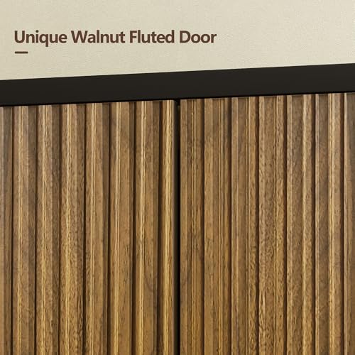 Buffet Cabinet with Storage Walnut Fluted Wooden Accent Sideboard with Pop-Up, view 6