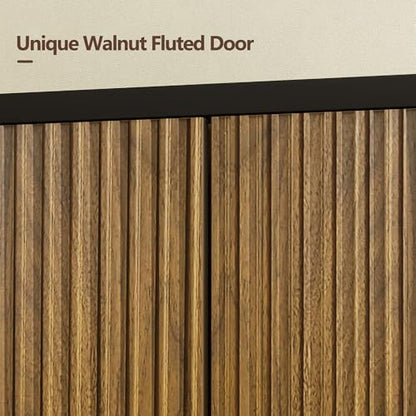 Buffet Cabinet with Storage Walnut Fluted Wooden Accent Sideboard with Pop-Up, view 6