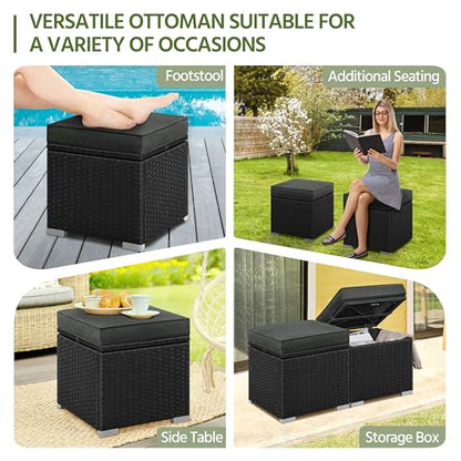 Yaheetech Wicker Ottomans, Set of 2 PE Rattan Side Tables, Black/Gray | Outdoor/Indoor Footstools with Hidden Storage & Removable Cushion, Additional Seating for Patio/Garden/Balcony/Yard