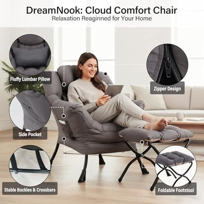 Lazy Chair with Ottoman, Modern Accent Chair with Lumbar Pillow, Dark Grey Sofa, Armchairs with Folding Footrest, Oversized Supportive Chairs for Bedroom, Reading