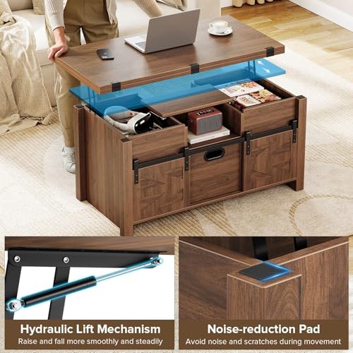 40" Farmhouse Lift Top Coffee Table with Storage Drawers,Walnut | 4 in 1 Multi-Function Coffee Tables with Sliding Barn Door & Hidden Compartment,Converts to Dining Table for Living Room