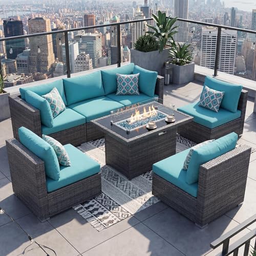 7 Piece Large Modern Patio Furniture Set with Propane/Gas Firepit Table, 29.3'' High Back Comfy Wicker Sectional Sofa Couches with Fire Pit, Outdoor Deep Conversation, Fade-Proof, Turquoise