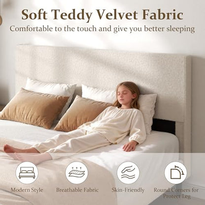 Queen Bed Frame, Upholstered Bed with Teddy Velvet Headboard, Beige, view 5