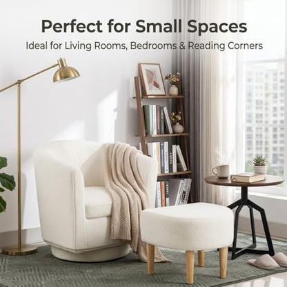 White Swivel Accent Chair with Ottoman, Modern Barrel Living Room Chair with 360° Swivel Base, Upholstered Armchair for Bedroom, Reading, Small Spaces