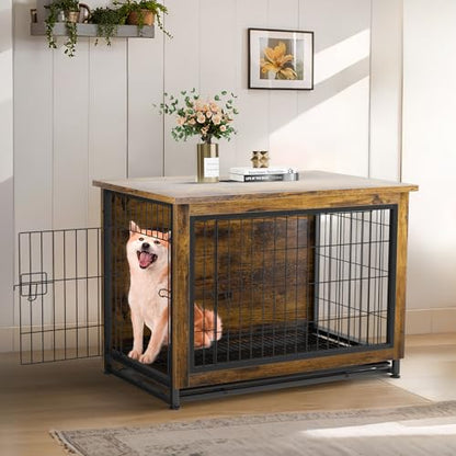 JY QAQA Dog Crate Furniture, Wooden Dogs Crate Table, Double-Doors Dog Furniture, view 7