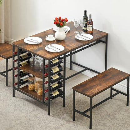 Dining Table Set for 4, Kitchen Table Set for 4 with 2 Benches, Rectangular Dining Room Table Set with Wine Rack, 3 Piece Dining Table Set for Small Space Apartment, Rustic Brown