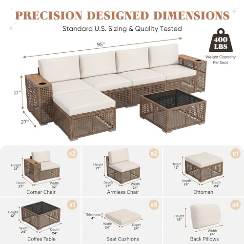 Patio Furniture Set,6 Pieces Outdoor Sectional Sofa with Cup Holder and 7.87in Wider Armrest, PE Wicker Backyard Couch Set with Coffee Table&Glass Tabletop for Deck, Porch（6 pcs）