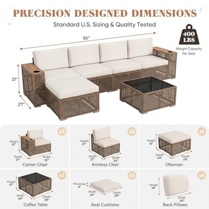 Patio Furniture Set,6 Pieces Outdoor Sectional Sofa with Cup Holder and 7.87in Wider Armrest, PE Wicker Backyard Couch Set with Coffee Table&Glass Tabletop for Deck, Porch（6 pcs）