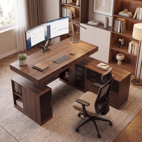 63" L Shaped Executive Standing Desk with 5-Drawer File Cabinet, view 4