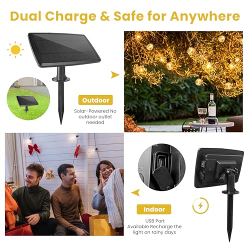 Yusist 100FT Solar String Lights Outdoor Waterproof with Remote, G40 Solar Powered String Lights with 30+2 LED Shatterproof Bulbs, Dimmable Solar Patio Hanging Lights for Outside Backyard Party