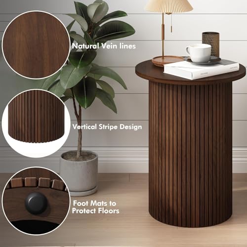Round Fluted End Table, Small Accent Pedestal Side Table, Wood Fluted Nightstand Bedside Table for Living Room, Bedroom, Handcrafted Finish, Brown