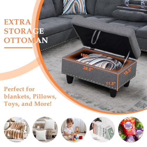 Sectional Sofa Couch, Modern 4-Seaters Living Room Furniture Sets with Chaise Lounge, Ottoman & 2 Pillows | L Shape Couch | Cup Holder | Linen Fabric, Dark Gray