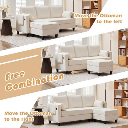 Small Sectional Couches with Storage, 80" L Shaped Sectional Couch with Chaise & Ottoman, Modular Corduroy Chenille Sofa with USB Ports&Pocket for Living Room Apartment Office (Chenille White)
