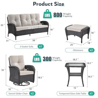 6 Piece Patio Furniture Set - Wicker Patio Conversation Set with Swivel Glider, 3-Seater Sofa, Tempered Glass Side Table and 2 Ottomans for Deck Backyard - Black Wicker Beige Cushion