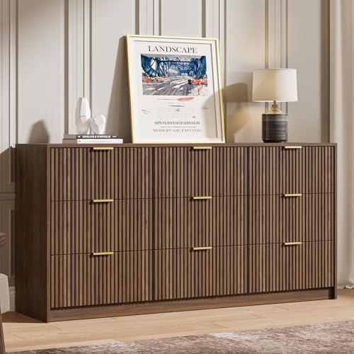 63" Wide Fluted 9-Drawer Dresser for Bedroom, Walnut, view 8