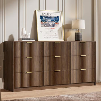 63" Wide Fluted 9-Drawer Dresser for Bedroom, Walnut, view 8