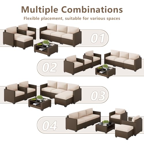 7 Piece Outdoor Patio Furniture Set, Rattan Chairs Glass Table Wicker Conversation Seating Sectional Sofa with Cushions (Brown-Beige, 7Pcs-2 Layer Coffee Table)