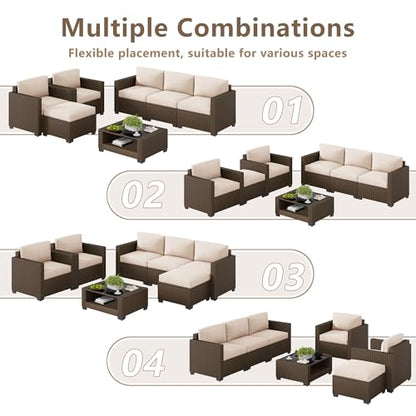 7 Piece Outdoor Patio Furniture Set, Rattan Chairs Glass Table Wicker Conversation Seating Sectional Sofa with Cushions (Brown-Beige, 7Pcs-2 Layer Coffee Table)