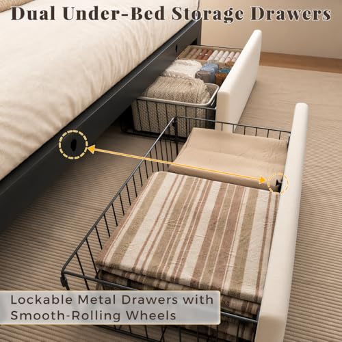 Queen Bed Frame with 2 Storage Drawers, Beige Velvet Upholstered, view 5