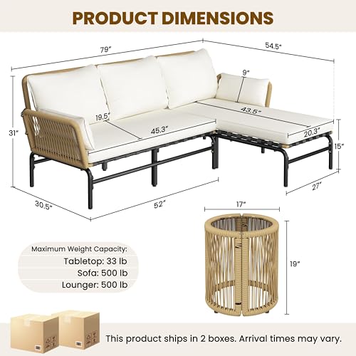 Yaheetech 3 Pieces L-Shaped Conversation Set, Outdoor Patio Furniture Set | w/Detachable Lounger, Thick Cushions, Glass Side Table for Patio, Backyard, Porch, Garden