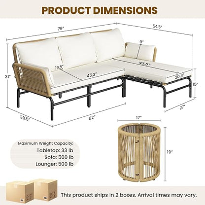 Yaheetech 3 Pieces L-Shaped Conversation Set, Outdoor Patio Furniture Set | w/Detachable Lounger, Thick Cushions, Glass Side Table for Patio, Backyard, Porch, Garden