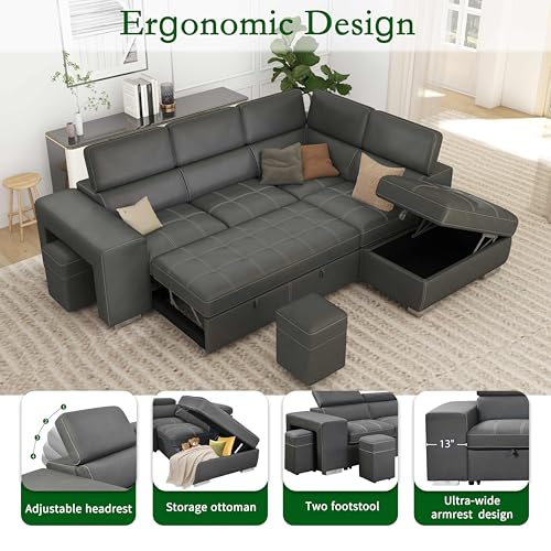 104'' Microfiber L Shaped Sectional Sleeper Sofa Couch with Pull Out Bed and Storage Ottoman, Convertible Couches with Adjustable Headrest for Living Room, Right Facing Chaise. Charcoal Grey