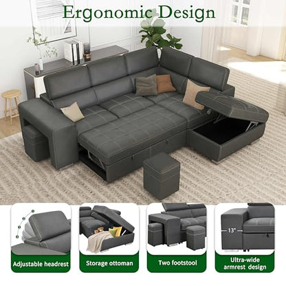 104'' Microfiber L Shaped Sectional Sleeper Sofa Couch with Pull Out Bed and Storage Ottoman, Convertible Couches with Adjustable Headrest for Living Room, Right Facing Chaise. Charcoal Grey