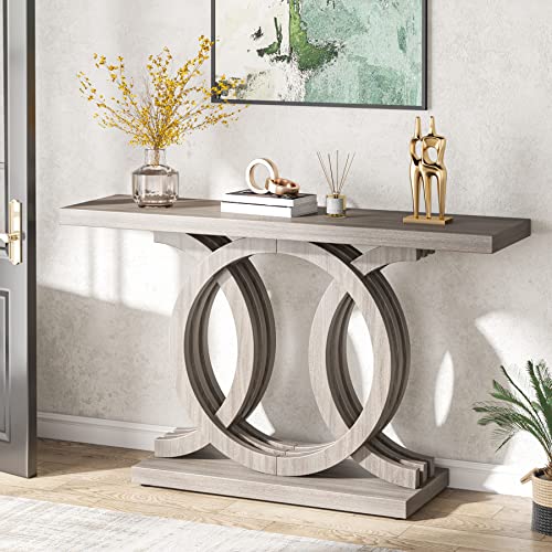Tribesigns 55 inches Console Table with Geometric Base, Farmhouse Hallway Table, Wooden Entryway Sofa Table, Unique Long Accent Table for Decoration and Organization (Grey)