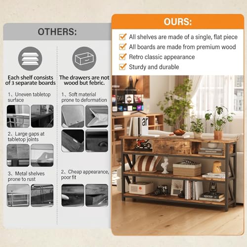 Console Table with Drawer Shelves, Entryway Table with 3 Tier Storage Shelves, Industrial Wood Hallway Sofa Table for Living Room, Couch, Foyer, Kitchen Counter, 47 Inch Rustic Brown