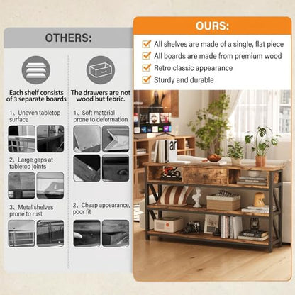 Console Table with Drawer Shelves, Entryway Table with 3 Tier Storage Shelves, Industrial Wood Hallway Sofa Table for Living Room, Couch, Foyer, Kitchen Counter, 47 Inch Rustic Brown