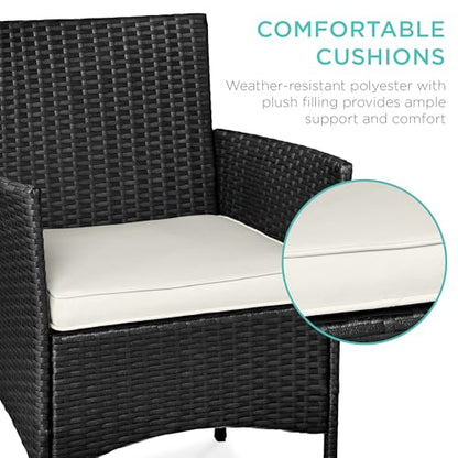 Best Choice Products 3-Piece Outdoor Wicker Conversation Bistro Set, Space Saving Patio Furniture for Garden w/Side Table - Black/White Sand
