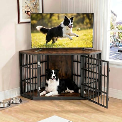 52 Inch Dog Crate Furniture Corner for Large Dogs, Brown, view 6