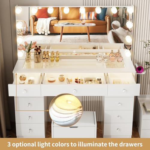 Vanity with Lighted Mirror, Glass Top Makeup Vanity Desk with Lights, view 5