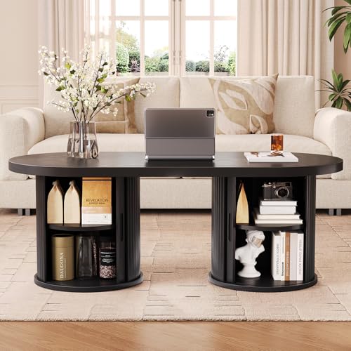 47" Fluted Coffee Table, Oval Coffee Table with 2 Storage Legs | Mid-Century Modern Center Tables with Sliding Doors, Coffee Tables for Living Room, Black