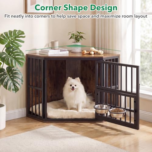 Corner Dog Crate Furniture with Adjustable & Reversible Feeder, view 3