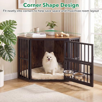 Corner Dog Crate Furniture with Adjustable & Reversible Feeder, view 3