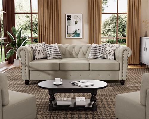 Classic Chesterfield Sofa Set 82'', Tufted Sofa for Couch Set with Solid Wood Legs Thick Cushion, Pet-Friendly Deep Seat Sofas Couches for Living Room Bedroom Apartment - Linen Beige