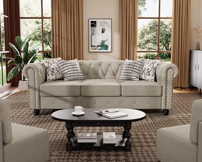 Classic Chesterfield Sofa Set 82'', Tufted Sofa for Couch Set with Solid Wood Legs Thick Cushion, Pet-Friendly Deep Seat Sofas Couches for Living Room Bedroom Apartment - Linen Beige