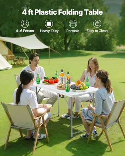 Folding Table, Heavy Duty Portable Fold-in-Half Utility Table, Indoor Outdoor Plastic Rectangle Table with Built in Handle, for Party, Dining, Wedding, Events, Picnic, Camping, 4 ft, White